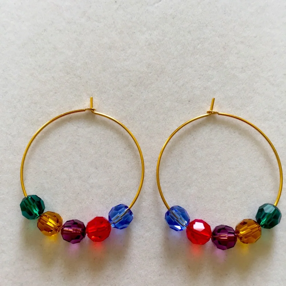 HAND CRAFTED Hoop Earrings Jewel-tone Swarovski Crystals Goldtone Hoops Rainbow